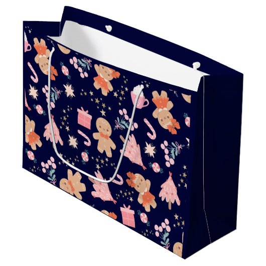 ネイビーブルーのクリスマスエレメント ラージペーパーバッグ (正面アングル)