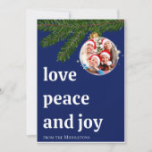 ネイビーブルーのクリスマススタックフォト Love Peace Joy シーズンカード (正面)