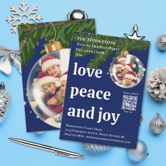 ネイビーブルーのクリスマスパーティー Love Peace Joy QR 写真 招待状