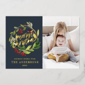 ネイビーブルーのクリスマス ボタニカル エレガント モダン フォト 箔シーズンカード (正面)