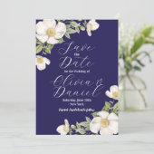 ネイビーブルーのクリームフラワーの結婚式の招待状を保存して セーブザデート (スタンド正面)