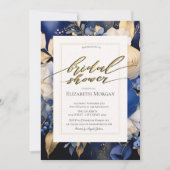 ネイビーブルーのクリーム色の花のブライダルシャワー 招待状 (正面)