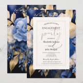 ネイビーブルーのクリーム色の花 結婚+パーティー 招待状 (正面/裏面)