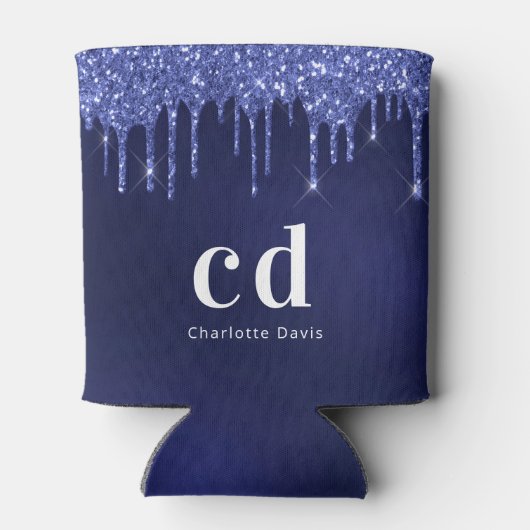 ネイビーブルーのグリッターが白のモノグラム名が垂れる 缶クーラー (裏面)