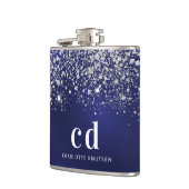 ネイビーブルーのグリッターシルバー モノグラムイニシャル フラスク (左)