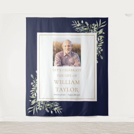 ネイビーブルーのグリーナリーフォト葬儀追悼式 タペストリー (正面)