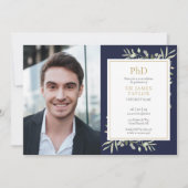 ネイビーブルーのグリーンがかったPhD学位卒業写真 招待状 (正面)