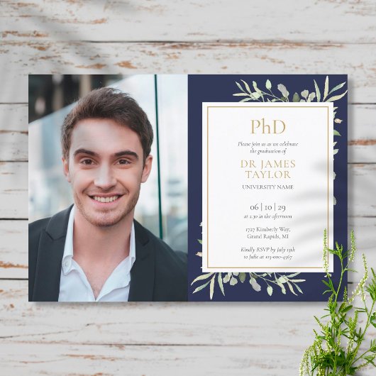 ネイビーブルーのグリーンがかったPhD学位卒業写真 招待状