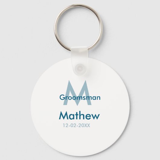 ネイビーブルーのグルームズマン名レター日付男性用 キーホルダー (正面)