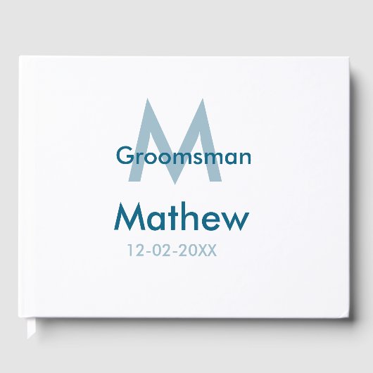 ネイビーブルーのグルームズマン名レター日付男性用 ゲストブック (正面)