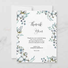ネイビーブルーのコットンフラワーとユーカリのウェディングシャワー サンキューカード