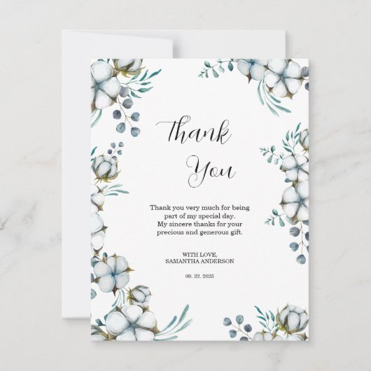 ネイビーブルーのコットンフラワーとユーカリのウェディングシャワー サンキューカード (正面)