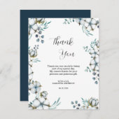 ネイビーブルーのコットンフラワーとユーカリのウェディングシャワー サンキューカード (正面/裏面)