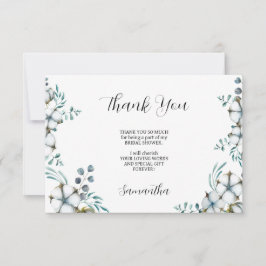 ネイビーブルーのコットンフラワーとユーカリのウェディングシャワー サンキューカード