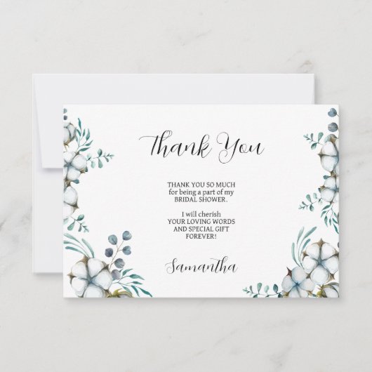 ネイビーブルーのコットンフラワーとユーカリのブライダルシャワー サンキューカード (正面)