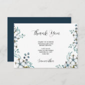 ネイビーブルーのコットンフラワーとユーカリのブライダルシャワー サンキューカード (正面/裏面)
