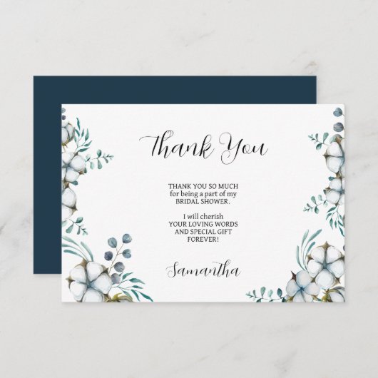 ネイビーブルーのコットンフラワーとユーカリのブライダルシャワー サンキューカード (正面/裏面)