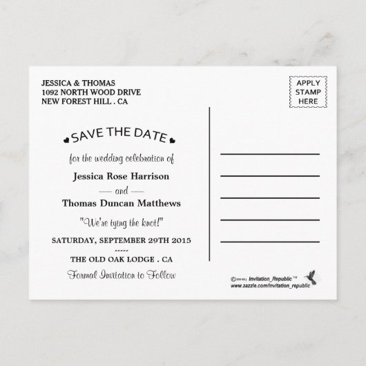 ネイビーブルーのコレクションに結婚ひも灯る 案内ポストカード (裏面)