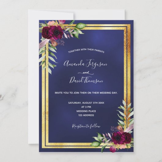 ネイビーブルーのゴールドの花飾りが付いたバーガンディーの結婚式 招待状 (正面)
