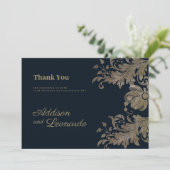 ネイビーブルーのゴールドレースの花柄豪華サンクスカード 招待状 (スタンド正面)