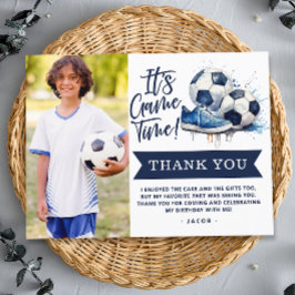 ネイビーブルーのサッカークラスの子供たち 水彩写真のありがとうメッセージ ポストカード