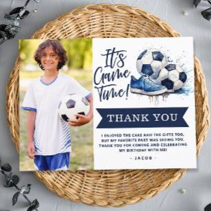 ネイビーブルーのサッカークラスの子供たち 水彩写真のありがとうメッセージ ポストカード