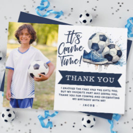 ネイビーブルーのサッカーボールを持つ子供の水彩写真 サンキューカード