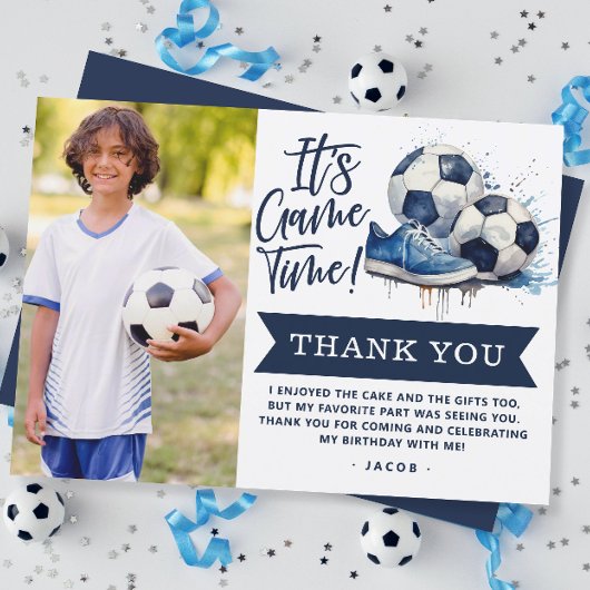 ネイビーブルーのサッカーボールを持つ子供の水彩写真 サンキューカード