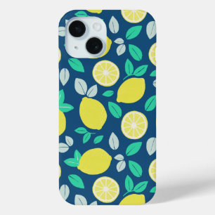 ネイビーブルーのサマーレモンパターン iPhone 15ケース