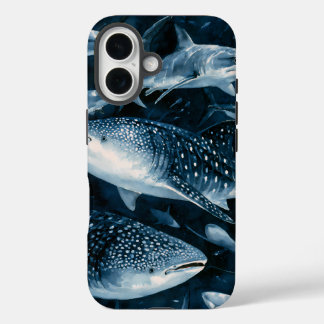 ネイビーブルーのサメとマンタの海のiPhoneケース iPhone 16ケース