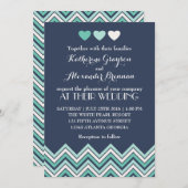 ネイビーブルーのシェブロン柄結婚式招待状 招待状 (正面/裏面)