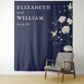 ネイビーブルーのシノワズリープリント ウェディングフォトバックドロップ タペストリー (インサイチュ)