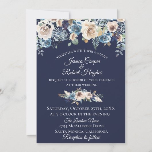 ネイビーブルーのシャンパン花柄結婚式招待状 招待状 (正面)
