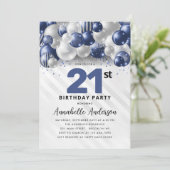 ネイビーブルーのシルバーバルーン グリッター 21歳の誕生日 招待状 (スタンド正面)