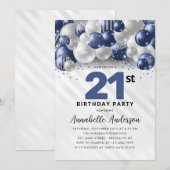 ネイビーブルーのシルバーバルーン グリッター 21歳の誕生日 招待状 (正面/裏面)