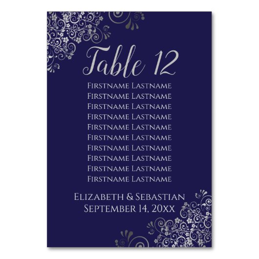 ネイビーブルーのシーティングチャートに結婚シルバーフリル テーブルナンバー (正面)