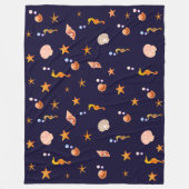 ネイビーブルーのシーホース、シェル、海の星 フリースブランケット (正面)