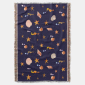 ネイビーブルーのシーホース、シースター&シェル スローブランケット (正面縦)