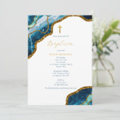 ネイビーブルーのジオードアゲート ゴールドクロス 洗礼 招待状 (スタンド正面)