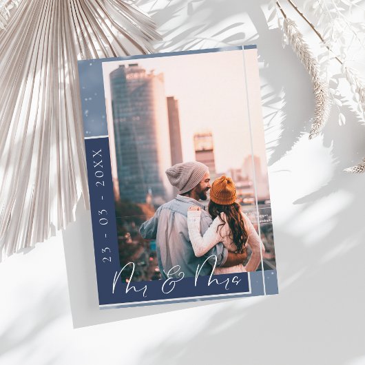 ネイビーブルーのスクリプト写真セーブザデートカード セーブザデート