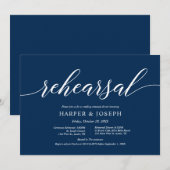 ネイビーブルーのスクリプト、結婚式のリハーサルとディナー 招待状 (正面/裏面)