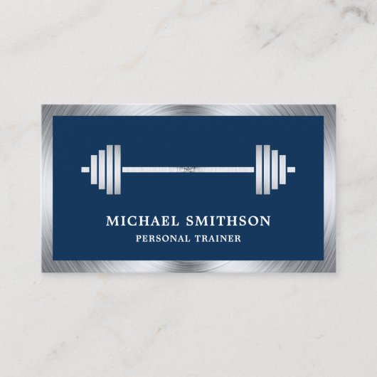 ネイビーブルーのスチールバーベルフィットネスパーソナルトレーナー 名刺 (正面)
