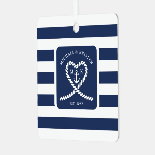 ネイビーブルーのストライプが入ったロープのハート型アンカーのクリスマス メタルオーナメント (正面左)