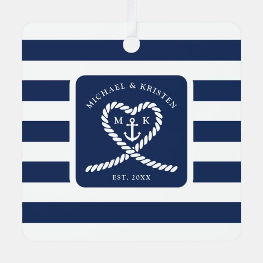 ネイビーブルーのストライプが入ったロープのハート型アンカーのクリスマス メタルオーナメント (正面)