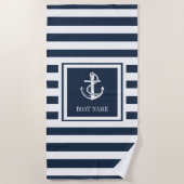 ネイビーブルーのストライプが施された航海用アンカー船名 ビーチタオル (正面)