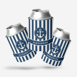 ネイビーブルーのストライプにロープと錨のデザイン 缶クーラー