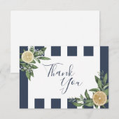 ネイビーブルーのストライプに水彩のレモンシトラス サンキューカード (正面/裏面)