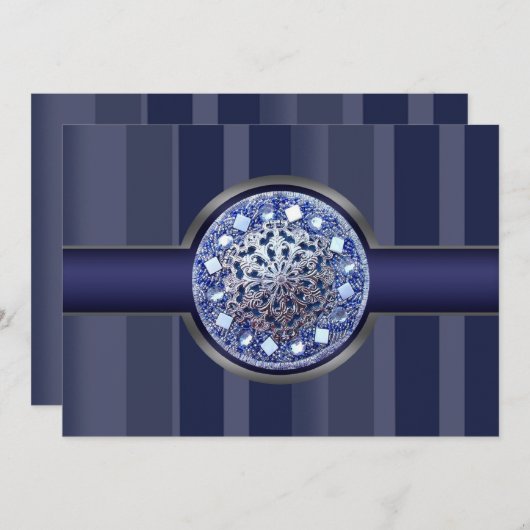 ネイビーブルーのストライプのパーティー招待状 招待状 (正面/裏面)