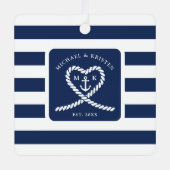 ネイビーブルーのストライプのロープハートアンカークリスマス メタルオーナメント (正面)