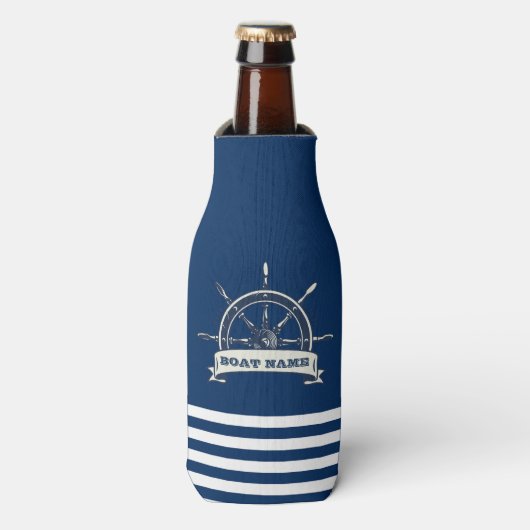 ネイビーブルーのストライプの船の舵輪 ボトルクーラー (ボトル正面)